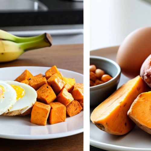 Home 11 **
A split image. On the left, a banana and sweet potato representing pre-workout carbohydrates. On the right, chicken breast and eggs symbolizing post-workout protein. The background should be a clean, modern kitchen. Focus on healthy, vibrant food.
**