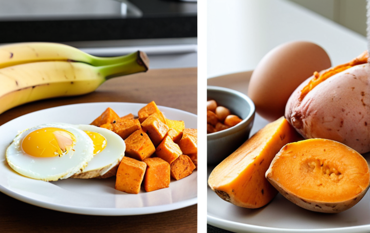 **
A split image. On the left, a banana and sweet potato representing pre-workout carbohydrates. On the right, chicken breast and eggs symbolizing post-workout protein. The background should be a clean, modern kitchen. Focus on healthy, vibrant food.
**