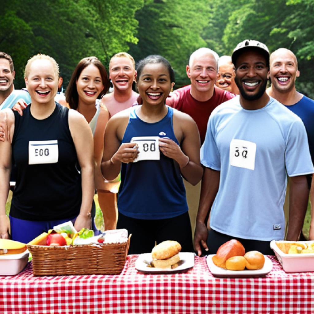 **

A diverse group of people joyfully participating in a "Picnic Run" event organized by the gym, showcasing community building and camaraderie.

**
