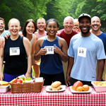 **

A diverse group of people joyfully participating in a "Picnic Run" event organized by the gym, showcasing community building and camaraderie.

**