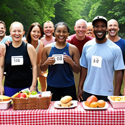 Home 6 **
A diverse group of people joyfully participating in a "Picnic Run" event organized by the gym, showcasing community building and camaraderie.
**