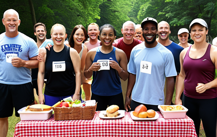 **
A diverse group of people joyfully participating in a "Picnic Run" event organized by the gym, showcasing community building and camaraderie.
**