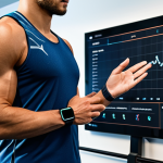 A focused individual, fully clothed in modest athletic wear, utilizing a smart fitness tracker during a personalized workout session in a modern, high-tech gym. Digital interfaces display real-time physiological data and an AI-generated exercise plan, showcasing scientific, data-driven training. The background features advanced exercise equipment. The scene is professional, appropriate content, safe for work, fully clothed, perfect anatomy, correct proportions, natural pose, well-formed hands, proper finger count, natural body proportions, professional photography, high quality.