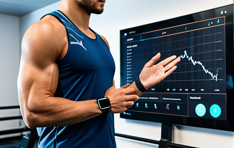 A focused individual, fully clothed in modest athletic wear, utilizing a smart fitness tracker during a personalized workout session in a modern, high-tech gym. Digital interfaces display real-time physiological data and an AI-generated exercise plan, showcasing scientific, data-driven training. The background features advanced exercise equipment. The scene is professional, appropriate content, safe for work, fully clothed, perfect anatomy, correct proportions, natural pose, well-formed hands, proper finger count, natural body proportions, professional photography, high quality.
