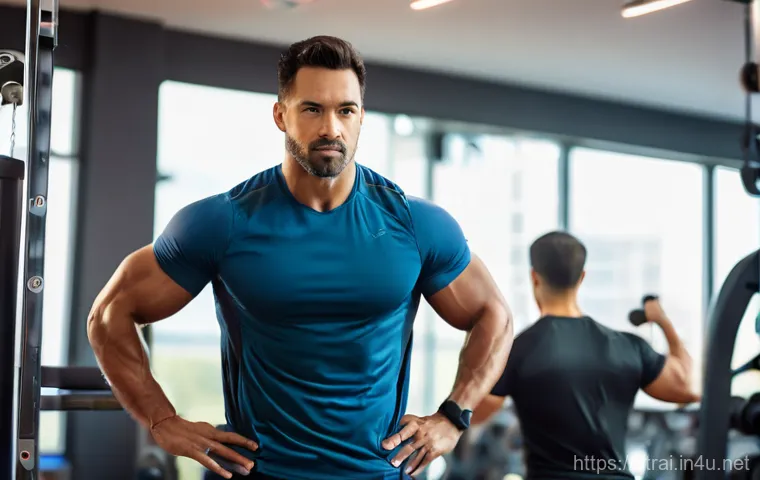 스포츠 트레이너가 가르치는 운동 종류와 차이 - **Personal Trainer Guiding a Client:** A dynamic and brightly lit indoor gym setting. A male persona...